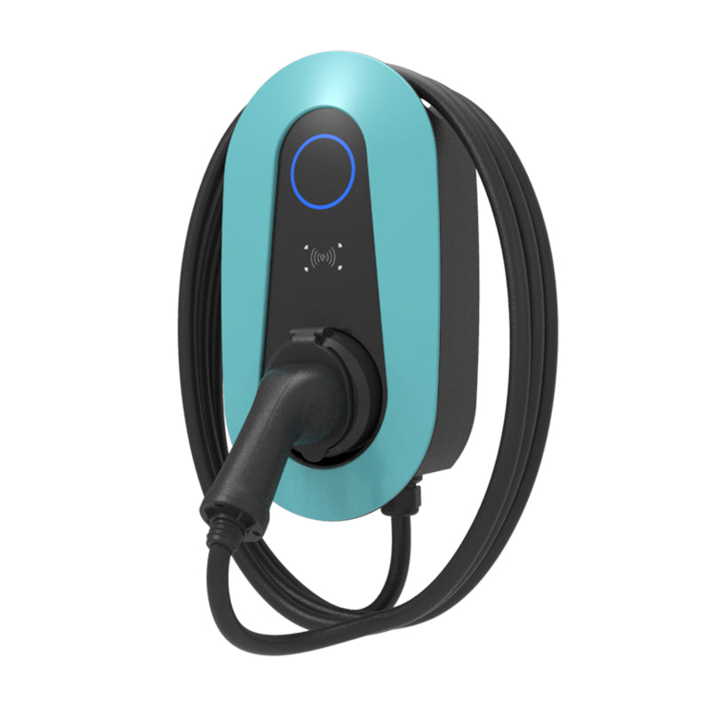 GIZNT 7kW wall-mounted smart EV charger installed on wall, white modern design
