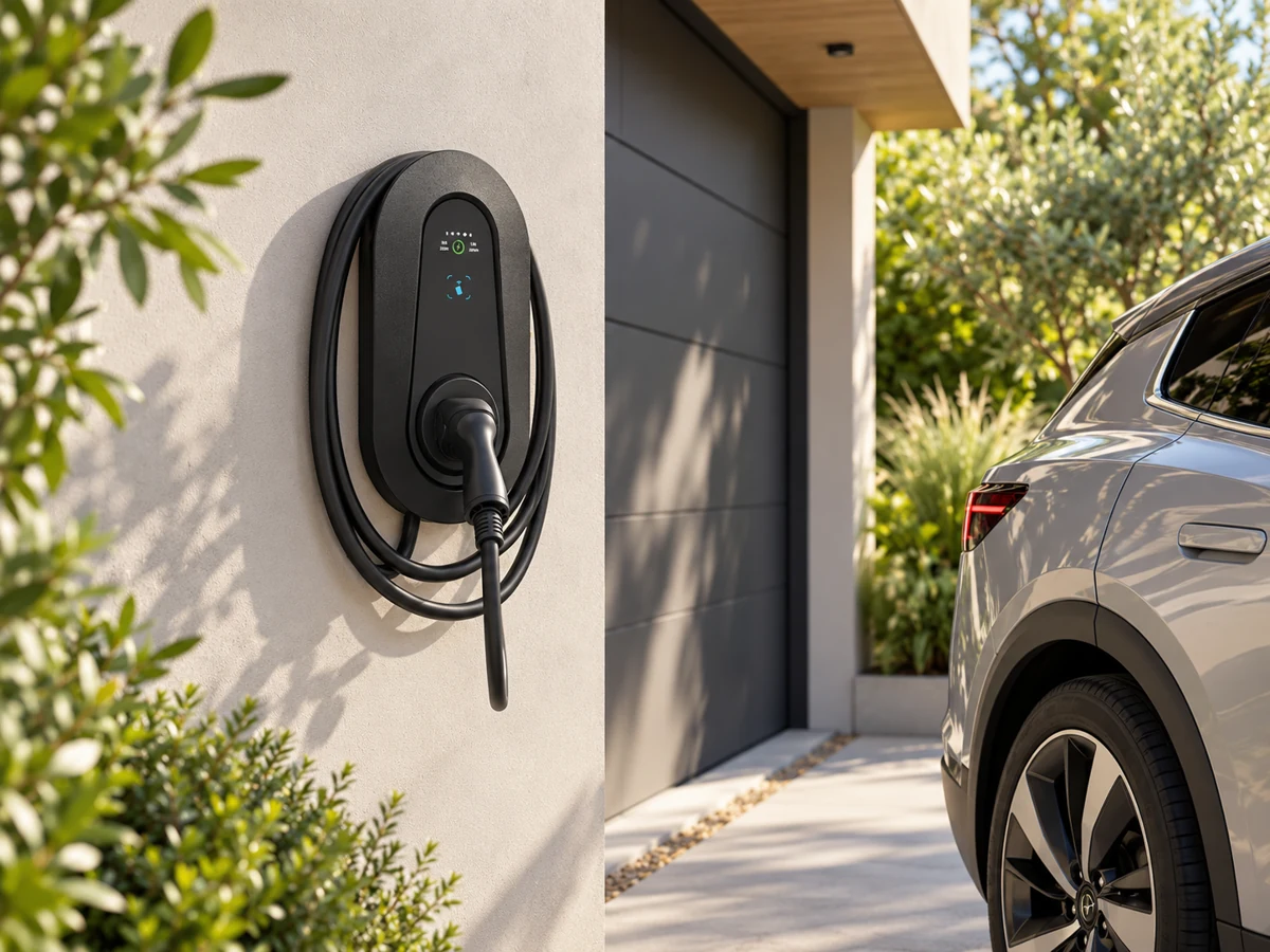 GIZNT wall charger installed outside a modern home beside an electric vehicle
