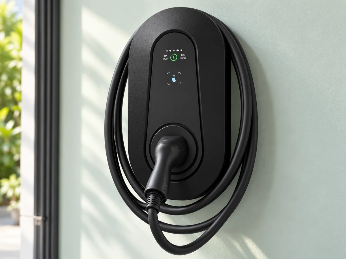 Detailed view of a black GIZNT smart wall charger and its charging cable