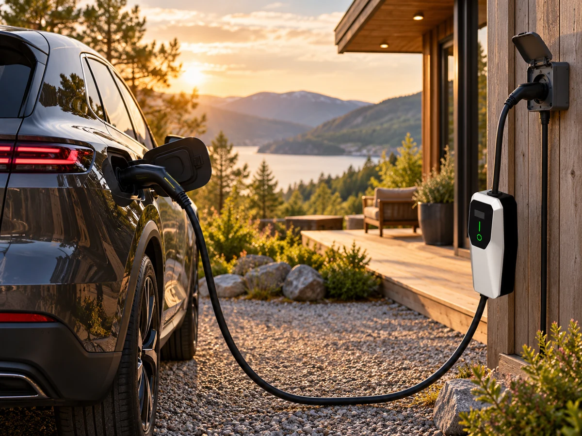 Portable EV charging at a peaceful holiday cabin driveway